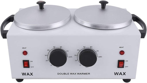 Front view of Double Pot Wax Heater - Dual Hair Removal with dual temperature control knobs, quick melt technology, and large capacity pots.