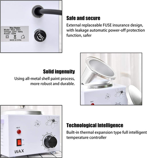Professional Wax Heater for Hair Removal 220V 200WR featuring safety fuse, metal shell, and intelligent temperature control for home waxing.