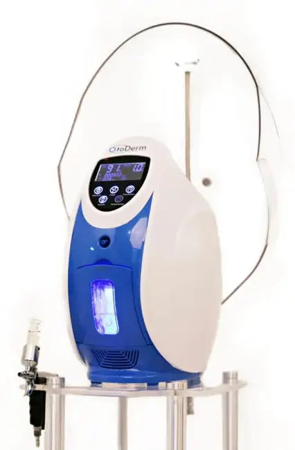 a blue and white machine sitting on top of a stand