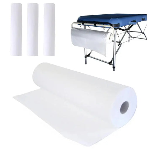 a roll of medical disposable bed sheet next to a roll of stretcher