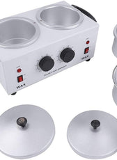 Double Pot Wax Heater - Dual Hair Removal displayed with removable aluminum pots and lids, showcasing easy cleaning and large wax capacity.
