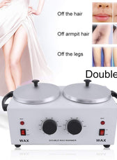 Double Pot Wax Heater - Dual Hair Removal featuring before and after hair removal results for legs, armpits, and face, highlighting quick melt efficiency.