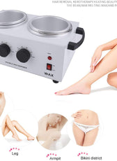 Double Pot Wax Heater - Dual Hair Removal shown with usage examples for hand, leg, armpit, and bikini waxing, ideal for salon and personal care.