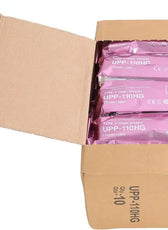 a box of wrapped up pink thermal printer paper on a white background