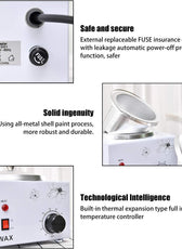 Professional Wax Heater for Hair Removal 220V 200WR featuring safety fuse, metal shell, and intelligent temperature control for home waxing.