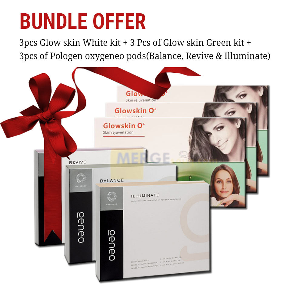 Bundle Offer: 3pcs Glowskin White kit + 3 Pcs of Glowskin Green kit + 3pcs of Pologen oxygeneo pods (Balance, Revive & Illuminate)