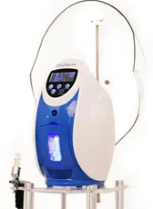 a blue and white machine sitting on top of a stand