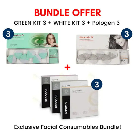 Bundle Offer: Glowskin O+ Capsugen - 3 White Kit, 3 Green Kit, and 3 Pologen Geneo Facial Pods (Balance, Revive, Illuminate)