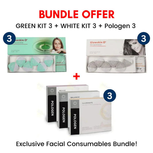 BUNDLE Offer -  Glowskin O+ Oxygen Facial Machine Capsugen (White Kit 3 + Green Kit 3) & Pologen Geneo Facial Pods (Balance + Revive + Illuminate)